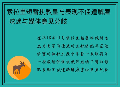 索拉里短暂执教皇马表现不佳遭解雇 球迷与媒体意见分歧